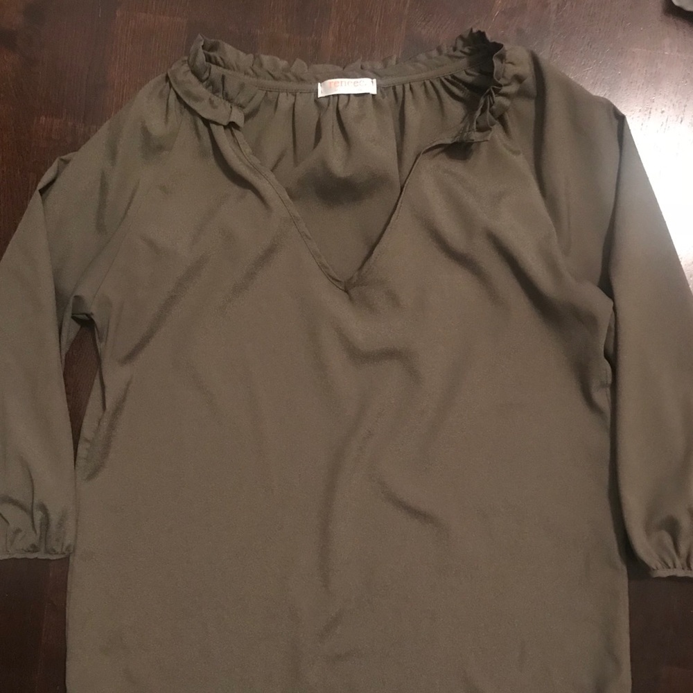 Olive green top with neck ruffle